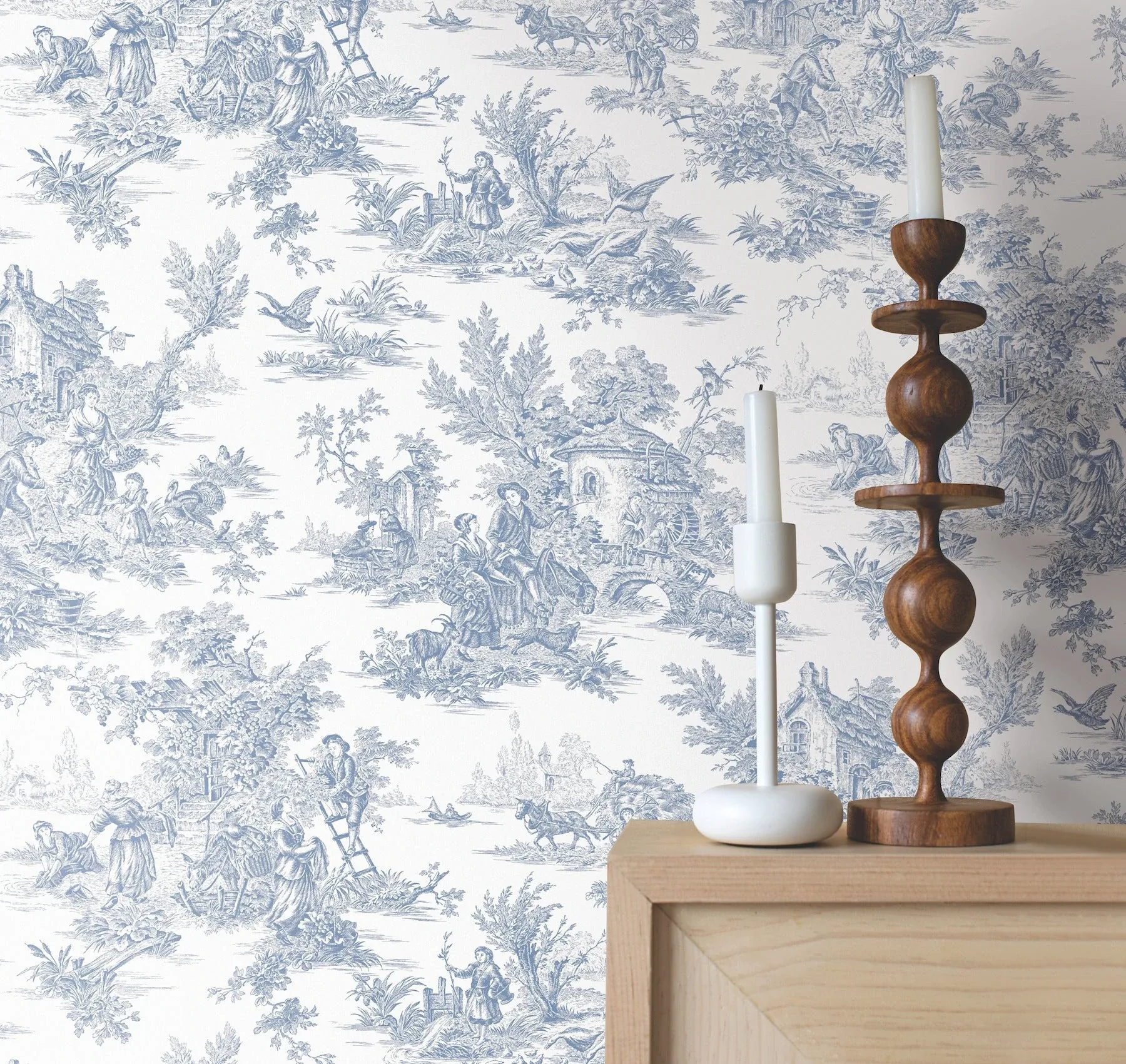 York Wallcoverings Campagne Toile Blue & White Wallpaper - SKU AT4229