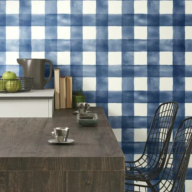 York Wallcoverings Checkmate Watercolor Plaid Blue Peel & Stick Wallpaper - SKU PSW1078RL