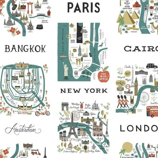 PSW1196RL | City Maps Blue & Red Peel & Stick Wallpaper