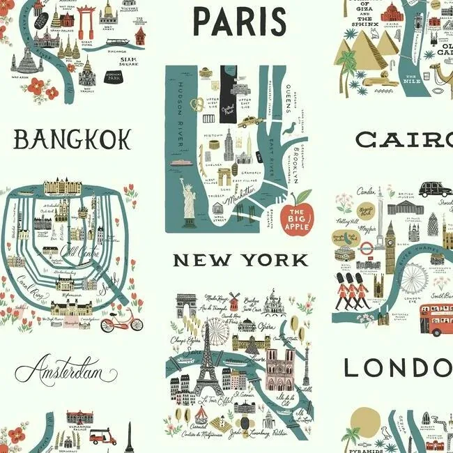 RI5162 | City Maps Blue & Red Wallpaper