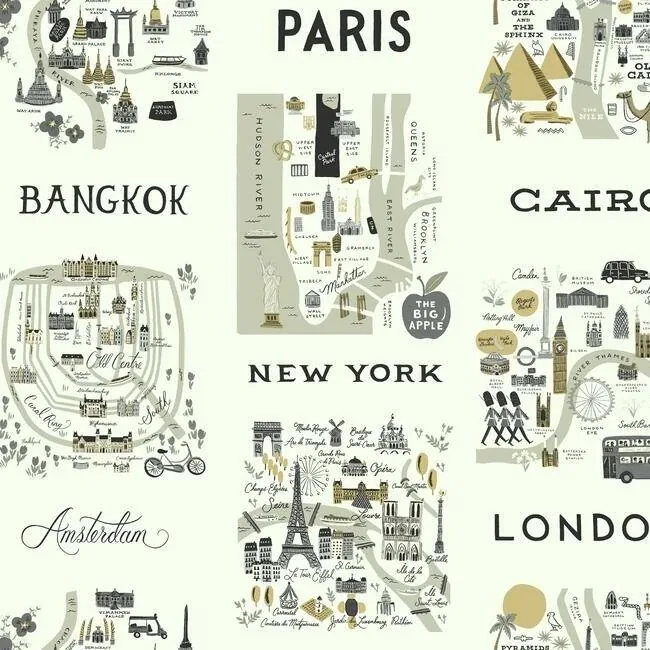RI5161 | City Maps Grey & Gold Wallpaper