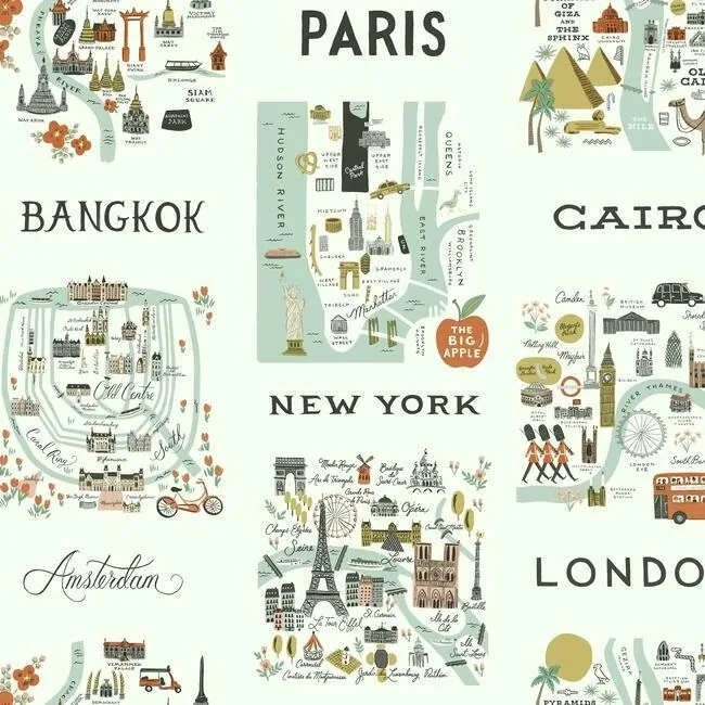 RI5160 | City Maps Mint Metallic Wallpaper