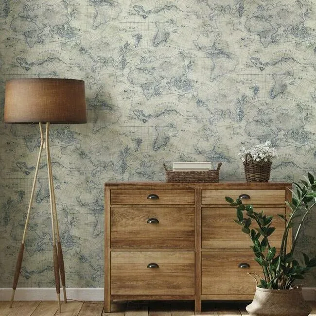 York Wallcoverings Coastal Map Blue & Beige Peel & Stick Wallpaper - SKU PSW1132RL
