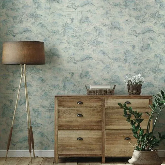 York Wallcoverings Coastal Map Blue & Grey Peel & Stick Wallpaper - SKU PSW1131RL