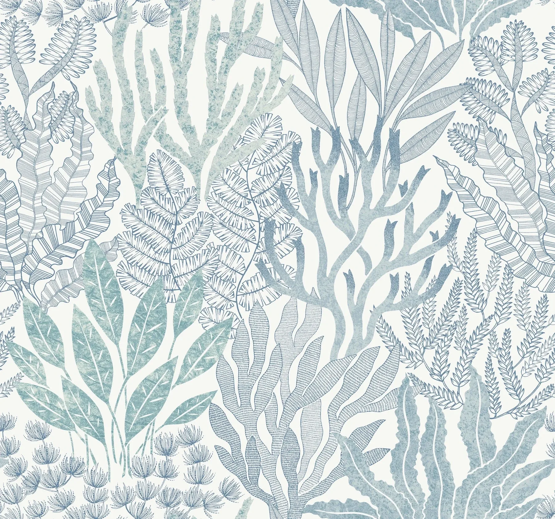 RT7804 | Coral Leaves Blue & Aqua Wallpaper