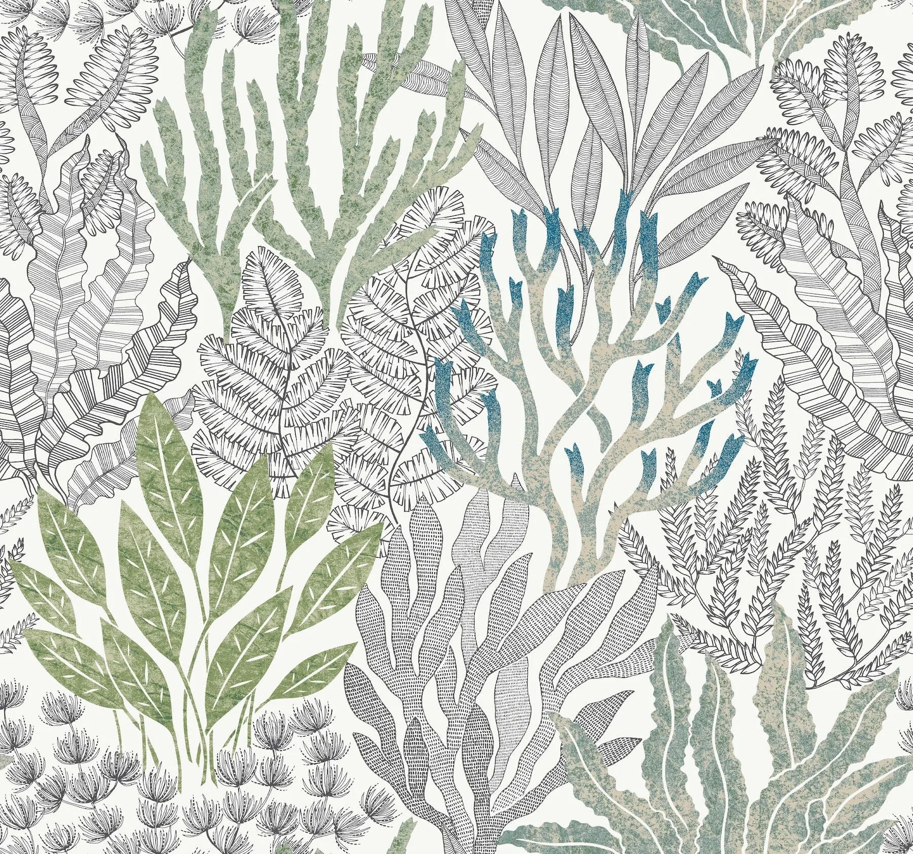 RT7803 | Coral Leaves Blue & Green Wallpaper
