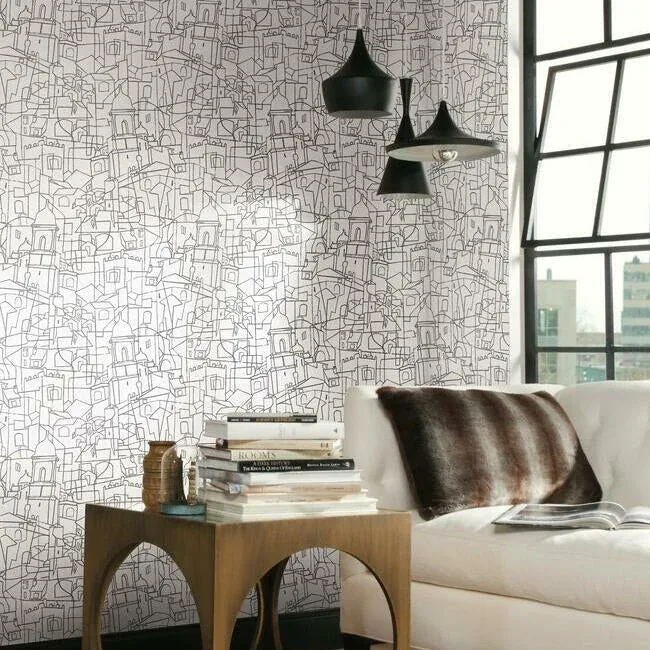 York Wallcoverings Cubist Cityscape Black Peel & Stick Wallpaper - SKU PSW1047RL