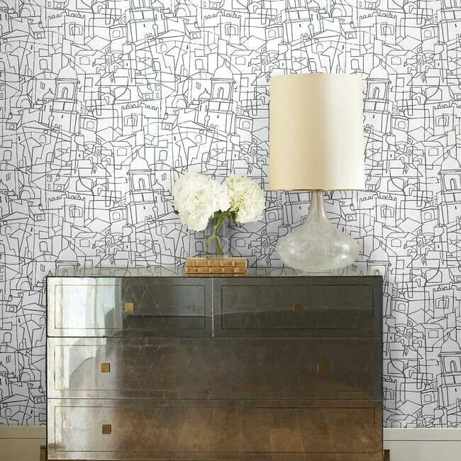 York Wallcoverings Cubist Cityscape Black Peel & Stick Wallpaper - SKU PSW1047RL