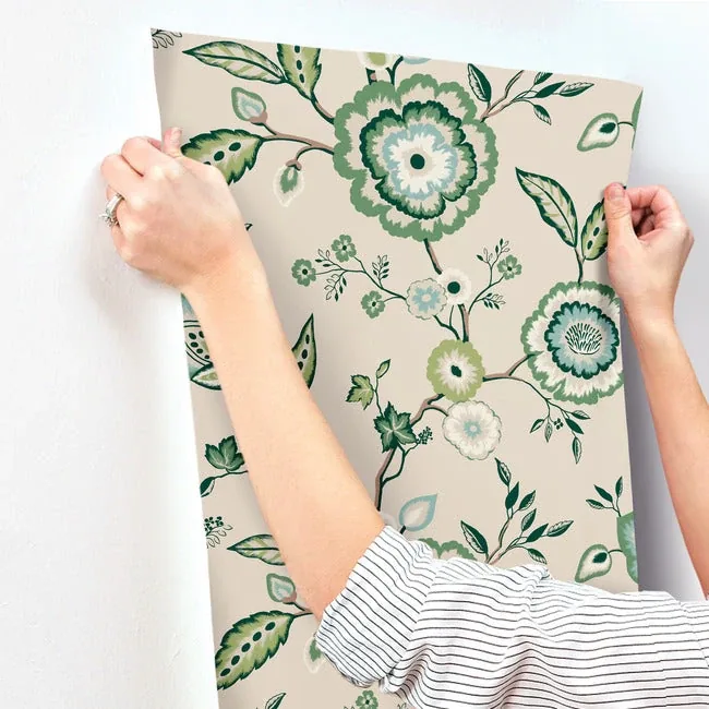 York Wallcoverings Dahlia Blooms Green & Beige Wallpaper | Wallpaper Twins York Wallcoverings Dahlia Blooms Green & Beige Wallpaper - SKU GO8233