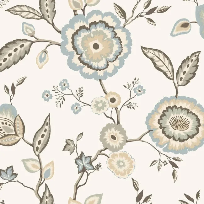 York Wallcoverings Dahlia Blooms Off White & Blue Wallpaper - SKU GO8234