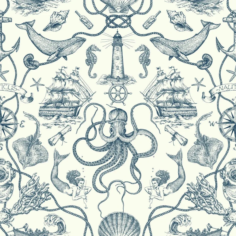 York Wallcoverings Deep Sea Toile Blue Wallpaper - SKU HO3361