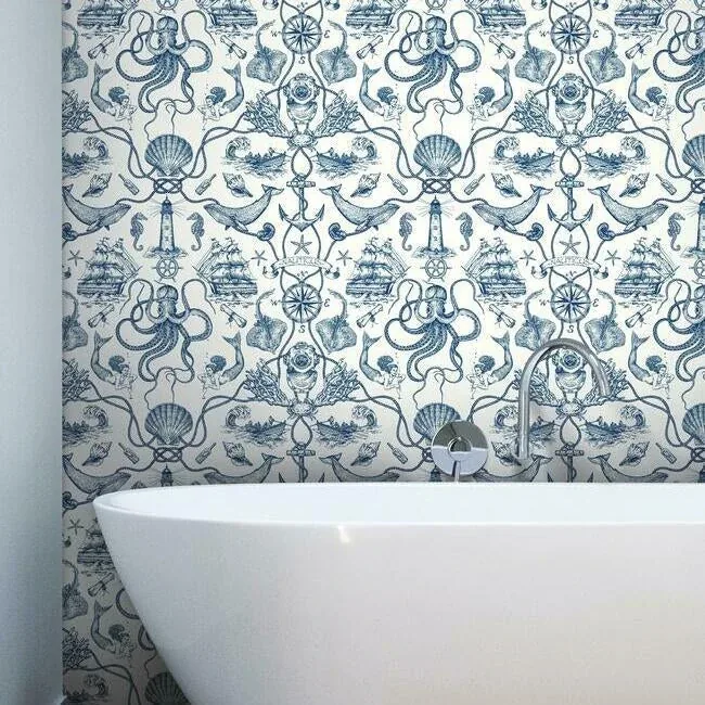 York Wallcoverings Deep Sea Toile Blue Wallpaper - SKU HO3361