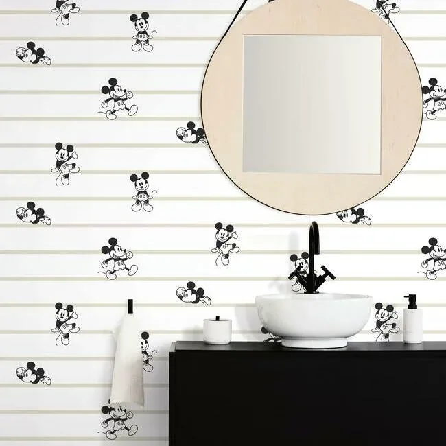 York Wallcoverings Disney Mickey Mouse Stripe Black & White Wallpaper | Wallpaper Twins York Wallcoverings Disney Mickey Mouse Stripe Black & White Wallpaper - SKU DI0932