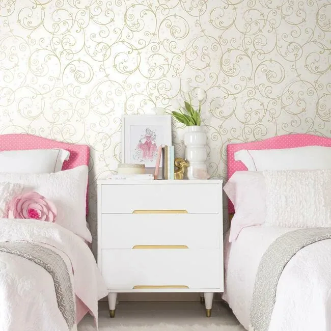 York Wallcoverings Disney Princess Perfect Scroll Gold Glitter Wallpaper - SKU DI0905