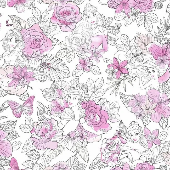 York Wallcoverings Disney Princess Royal Floral Magenta Wallpaper - SKU DI0965