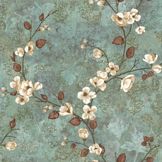 York Wallcoverings Dogwood Teal & Dark Brown Wallpaper - SKU TB4314