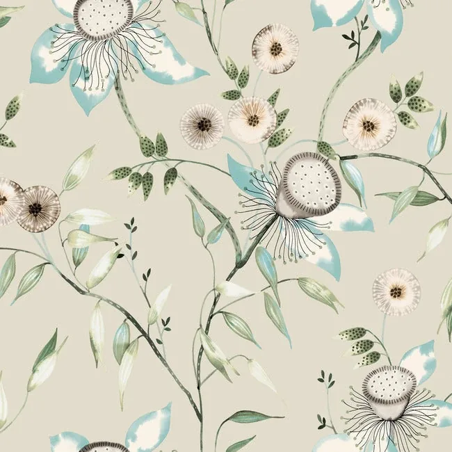 BL1794 | Dream Blossom Taupe & Aqua Wallpaper