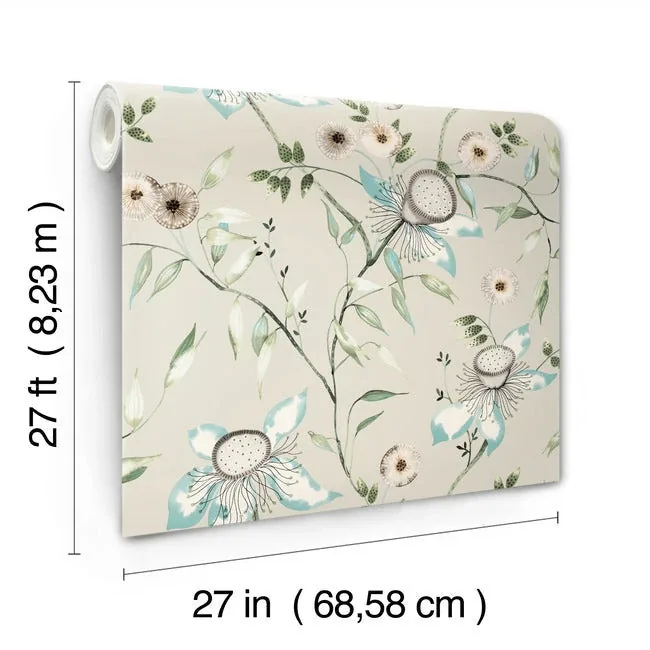 York Wallcoverings Dream Blossom Taupe & Aqua Wallpaper - SKU BL1794