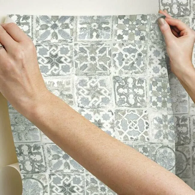 York Wallcoverings Ecaustic Tile Grey Peel & Stick Wallpaper - SKU PSW1301RL