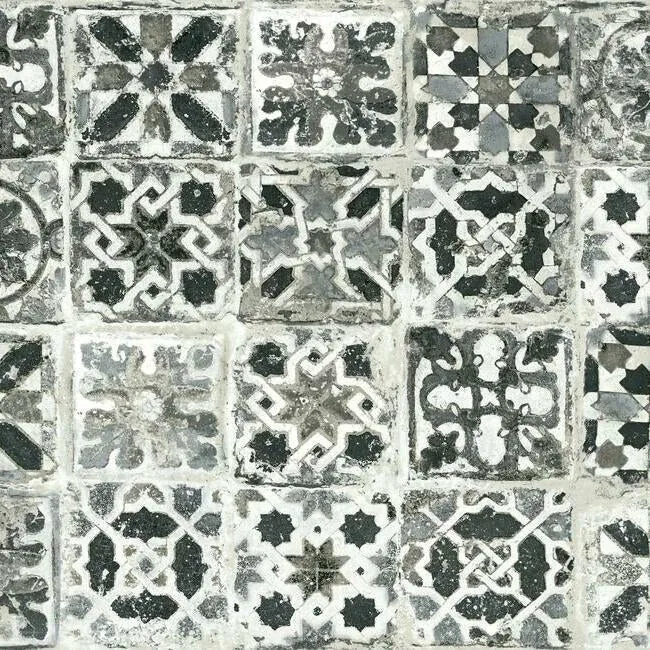 PSW1303RL | Encaustic Tile Black Peel & Stick Wallpaper