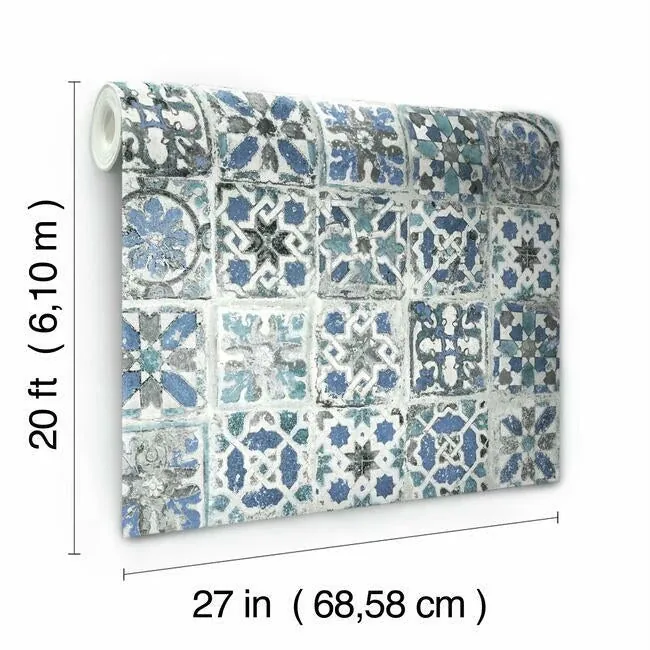 York Wallcoverings Encaustic Tile Blue Peel & Stick Wallpaper - SKU PSW1302RL