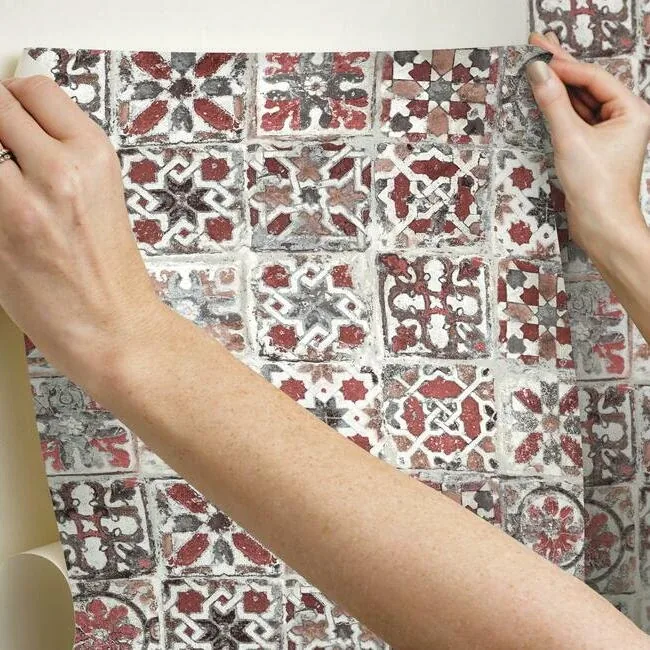York Wallcoverings Encaustic Tile Red Peel & Stick Wallpaper - SKU PSW1300RL