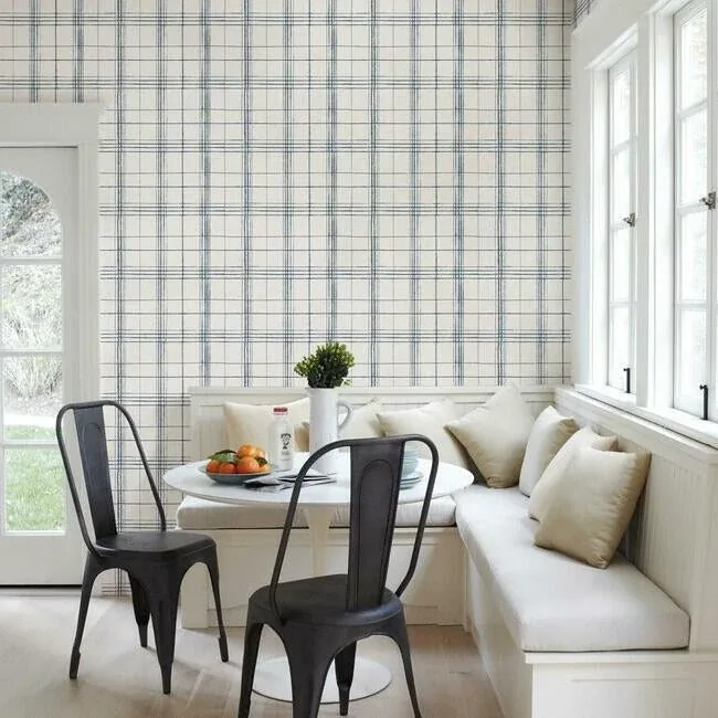 York Wallcoverings Farmhouse Plaid Navy & White Wallpaper - SKU FH4017