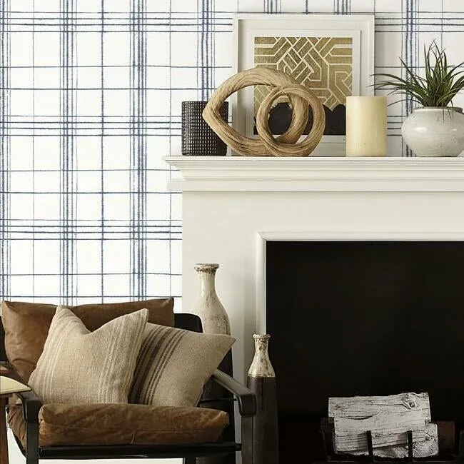 York Wallcoverings Farmhouse Plaid Navy & White Wallpaper - SKU FH4017