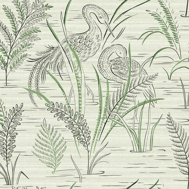 York Wallcoverings Fernwater Cranes Black & Green Wallpaper - SKU GR5952