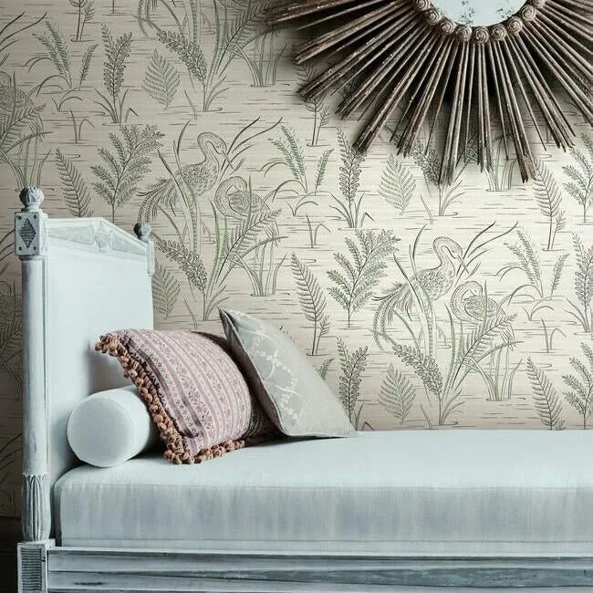 York Wallcoverings Fernwater Cranes Black & Green Wallpaper - SKU GR5952