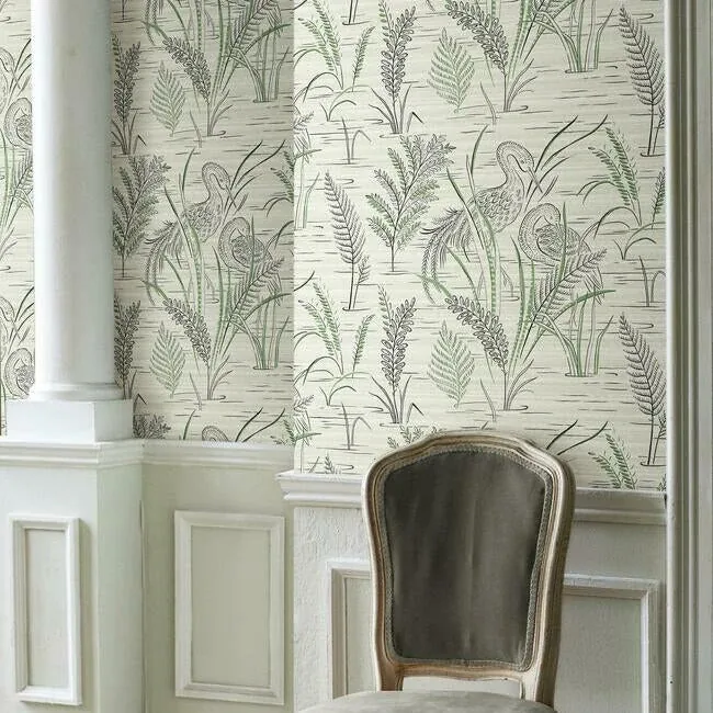 York Wallcoverings Fernwater Cranes Black & Green Wallpaper - SKU GR5952