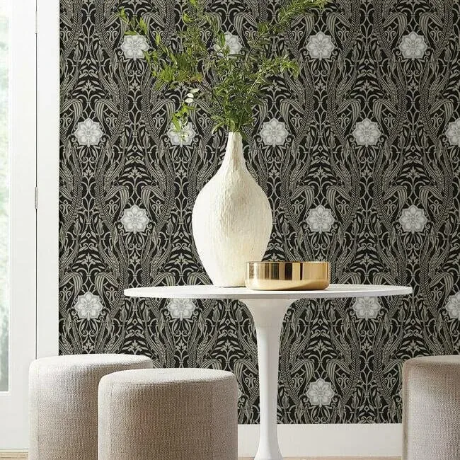 York Wallcoverings Gatsby Damask Black Wallpaper - SKU DM4995