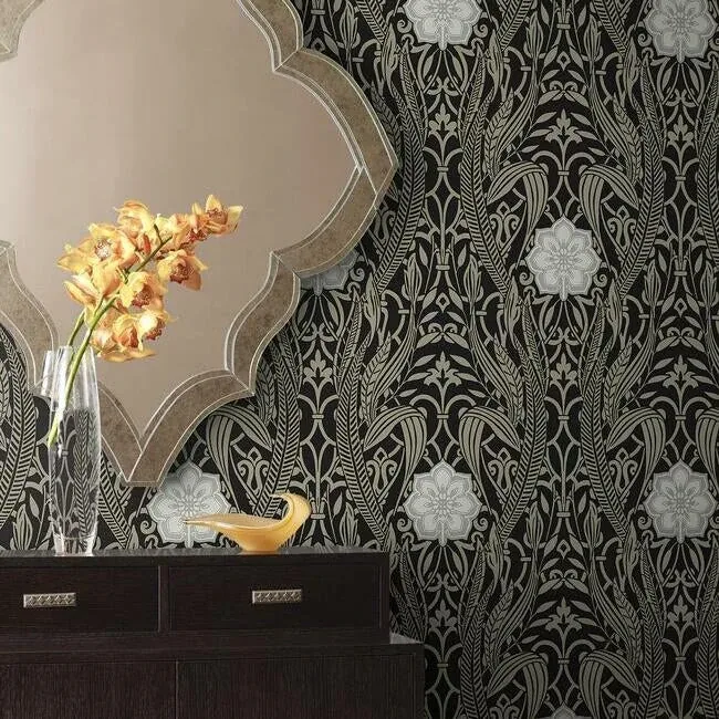 York Wallcoverings Gatsby Damask Black Wallpaper - SKU DM4995