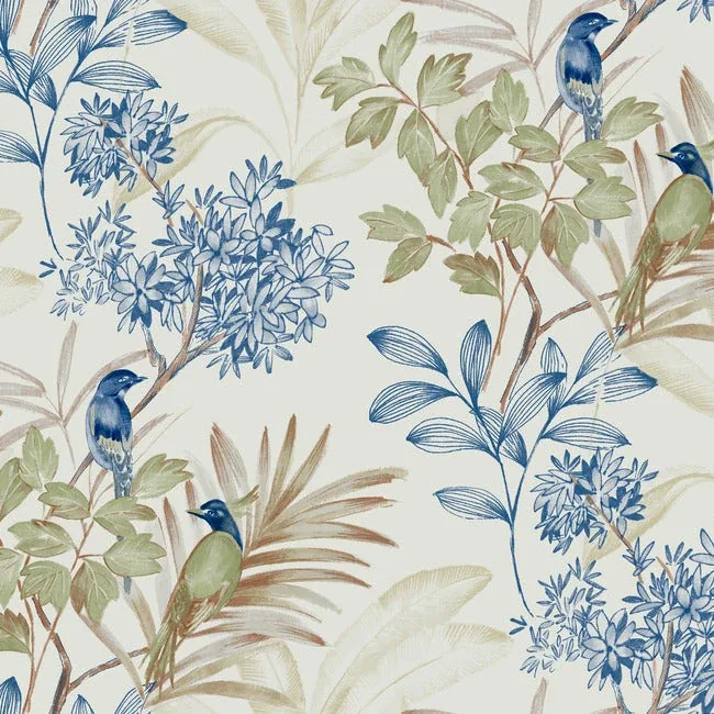 PSW1518RL | Handpainted Songbird Green & Blue Peel & Stick Wallpaper