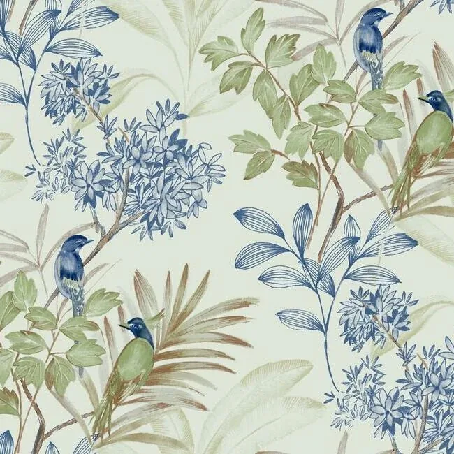 TL1928 | Handpainted Songbird Green & Blue Wallpaper