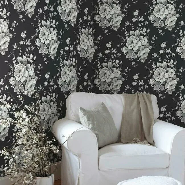 York Wallcoverings Heritage Rose Black & Grey Wallpaper - SKU FH4088