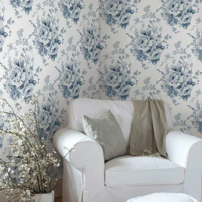 York Wallcoverings Heritage Rose Navy & White Wallpaper - SKU FH4087