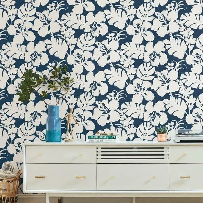 York Wallcoverings Hibiscus Arboretum Navy Wallpaper - SKU CV4441