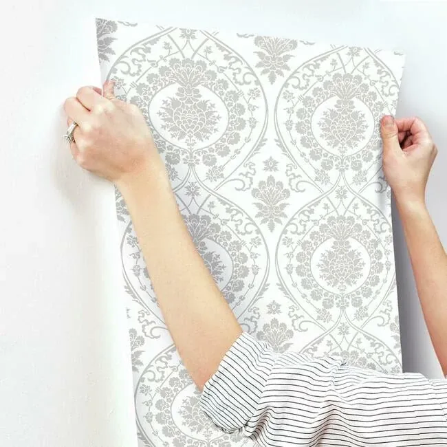 York Wallcoverings Imperial Damask White & Silver Wallpaper - SKU DM4905