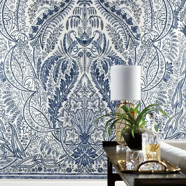 York Wallcoverings Jaipur Paisley Damas Blue Wall Mural - SKU DM4912M