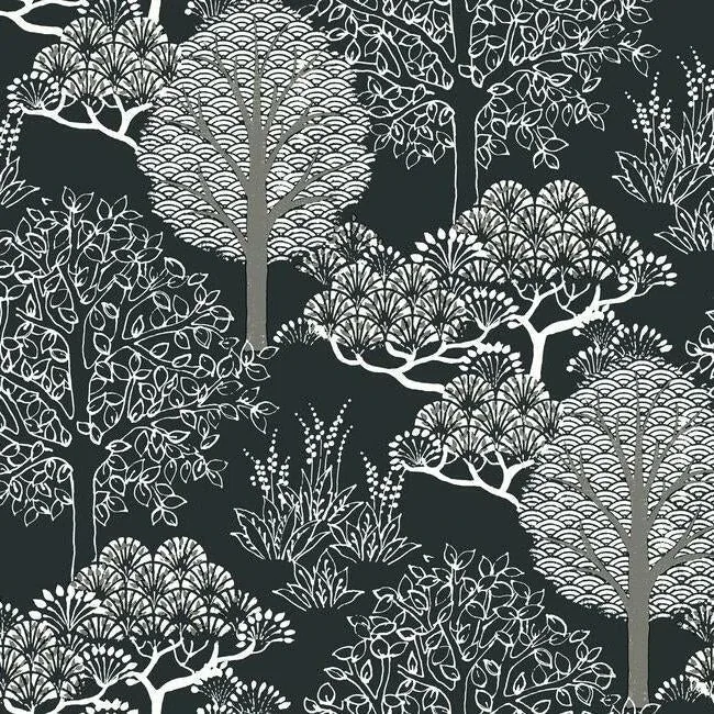 York Wallcoverings Kimono Trees Black Metallic Wallpaper - SKU BW3852