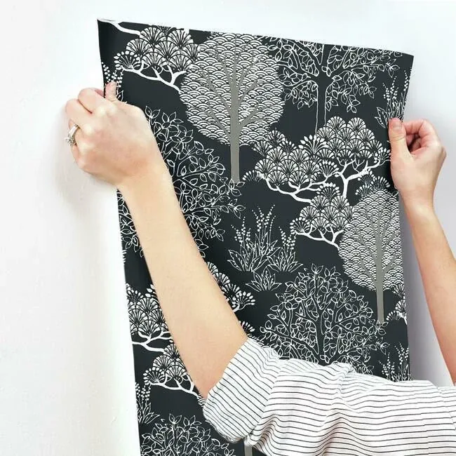 York Wallcoverings Kimono Trees Black Metallic Wallpaper - SKU BW3852
