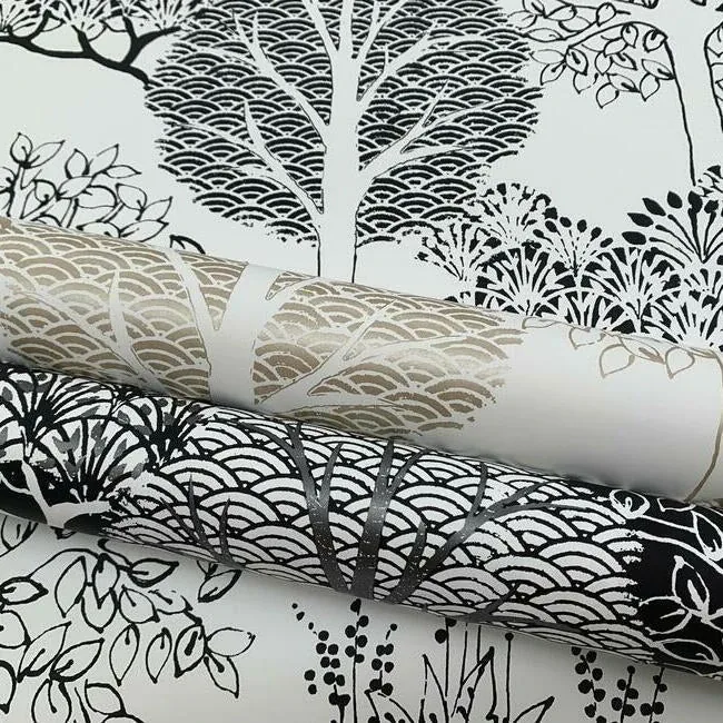 York Wallcoverings Kimono Trees Black Metallic Wallpaper - SKU BW3852