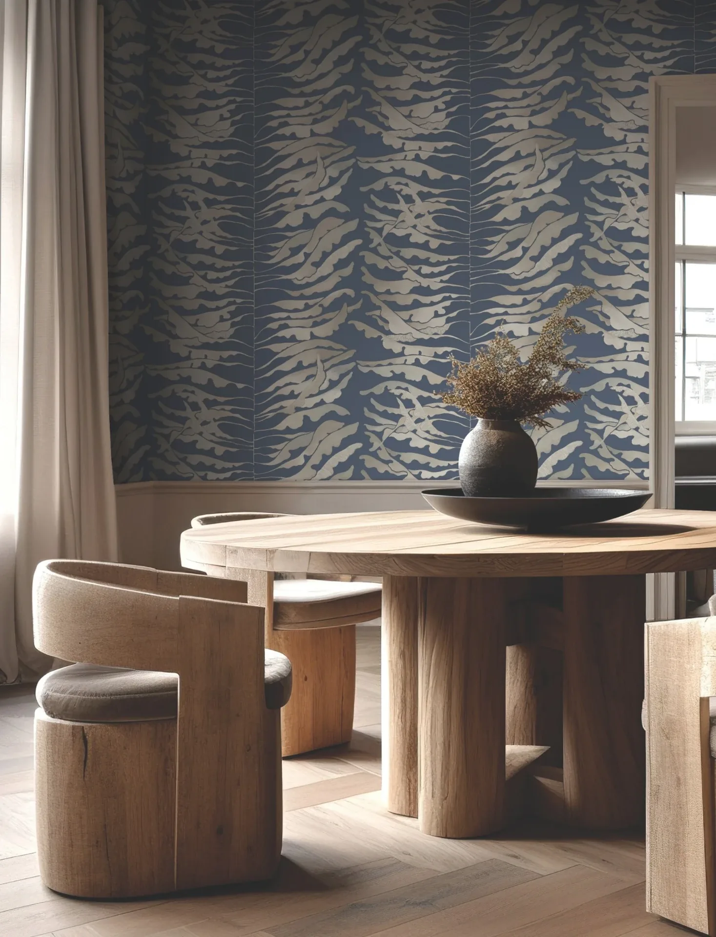 York Wallcoverings Leaf Column Navy Wallpaper - SKU FM1043