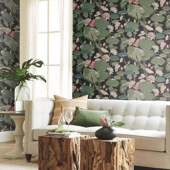 York Wallcoverings Lotus Pond Black & Pink Wallpaper - SKU GO8292