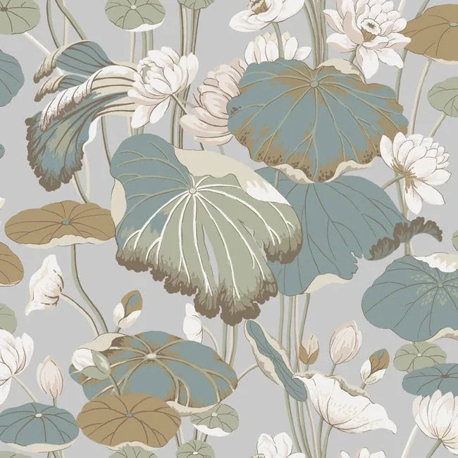 York Wallcoverings Lotus Pond Grey & Blue Wallpaper - SKU GO8294