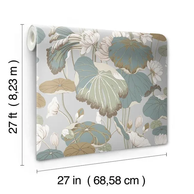 York Wallcoverings Lotus Pond Grey & Blue Wallpaper - SKU GO8294