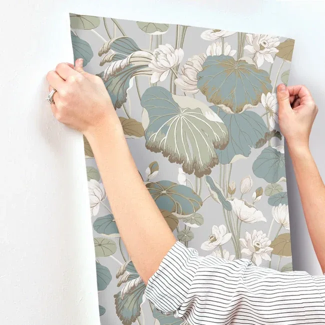 York Wallcoverings Lotus Pond Grey & Blue Wallpaper - SKU GO8294
