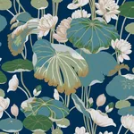 York Wallcoverings Lotus Pond Navy Metallic Wallpaper | Wallpaper Twins York Wallcoverings Lotus Pond Navy Metallic Wallpaper - SKU GO8295