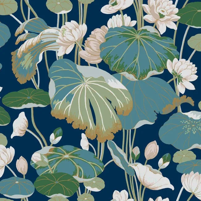 York Wallcoverings Lotus Pond Navy Metallic Wallpaper - SKU GO8295